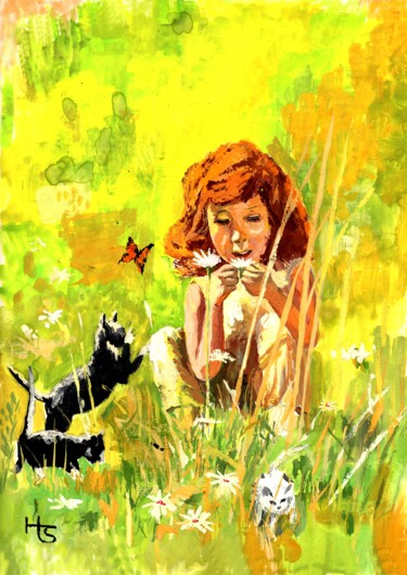Peinture intitulée "La fillette et les…" par Henri Sacchi, Œuvre d'art originale, Gouache
