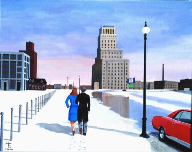 Painting titled "Winter city walk" by Henri Sacchi, Original Artwork, Acrylic