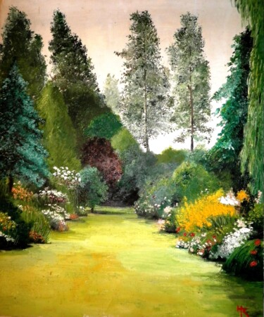 Schilderij getiteld "Jardin anglais" door Henri Sacchi, Origineel Kunstwerk, Olie