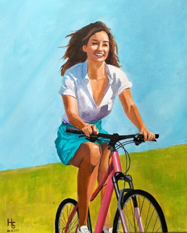 Malerei mit dem Titel "À bicyclette" von Henri Sacchi, Original-Kunstwerk, Acryl