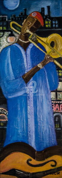 Peinture intitulée "TROMBONNE DANS LA N…" par Henri Wojcik, Œuvre d'art originale, Acrylique Monté sur Châssis en bois