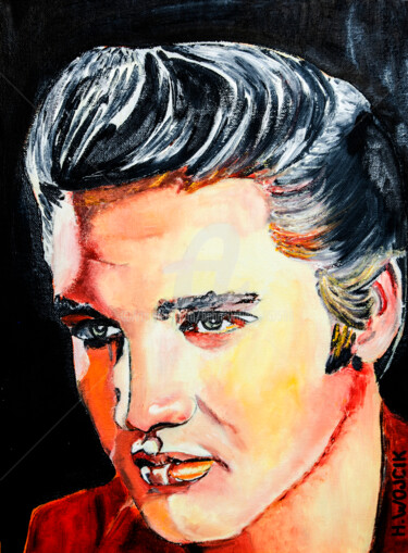 Schilderij getiteld "ELVIS" door Henri Wojcik, Origineel Kunstwerk, Acryl Gemonteerd op Frame voor houten brancard