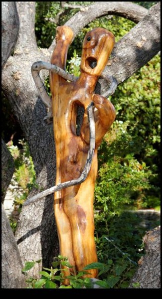 Skulptur mit dem Titel "L'homme au serpent" von Henri Degracia, Original-Kunstwerk, Holz