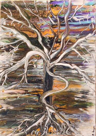 Painting titled "Dancing Tree" by Henriett Magyar, Original Artwork, Acrylic Mounted on Wood Stretcher frame
