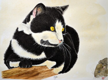 Peinture intitulée "Le chat et la souris" par Henriette André, Œuvre d'art originale, Aquarelle