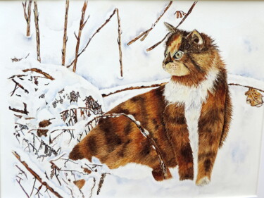Painting titled "chat dans la neige" by Henriette André, Original Artwork, Watercolor