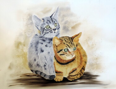 Painting titled "chatons" by Henriette André, Original Artwork, Watercolor