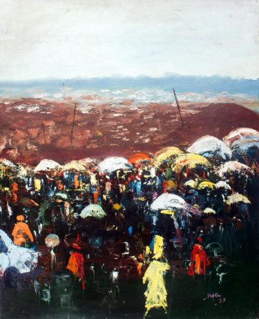 Painting titled "olotu-market-scene-…" by Henri Moweta, Original Artwork