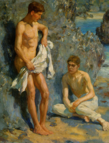 Painting titled "Après le bain" by Henry Scott Tuke, Original Artwork, Oil