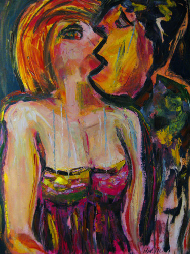 Painting titled "Pocałunek" by Henryka Wojciechowska, Original Artwork, Oil Mounted on Wood Panel