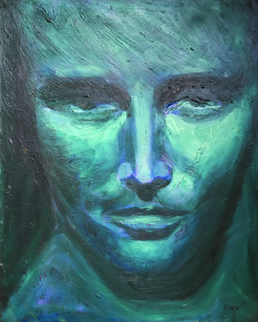 Pintura intitulada "L'homme en bleu vert" por Henry Neu, Obras de arte originais, Óleo