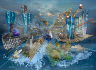 Arte digitale intitolato "Ville dans l'espace…" da Henry Neu, Opera d'arte originale, Lavoro digitale 2D