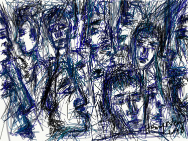 Digital Arts titled "Foule blue" by Henry Neu, Original Artwork, Digital Painting