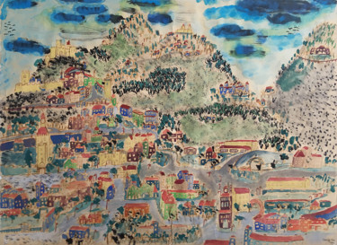 Картина под названием "Mes villages dans l…" - Henry Neu, Подлинное произведение искусства, Гуашь