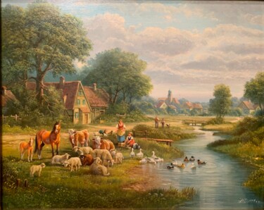 Painting titled "Bayerische Dorfszene" by Herbert Duttler, Original Artwork, Oil Mounted on Wood Panel