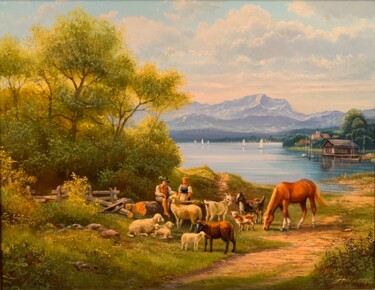 Malerei mit dem Titel "Bayerische Bergland…" von Herbert Duttler, Original-Kunstwerk, Öl Auf Holzplatte montiert