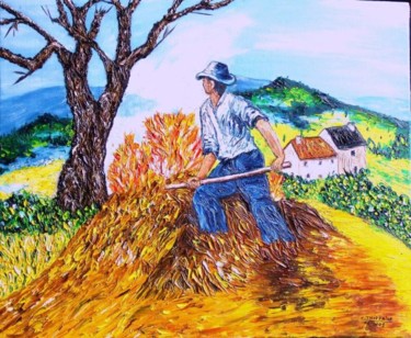 Painting titled "paysan au travail" by Christian Thiefaine, Original Artwork, Oil