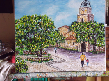Peinture intitulée "place de village" par Christian Thiefaine, Œuvre d'art originale