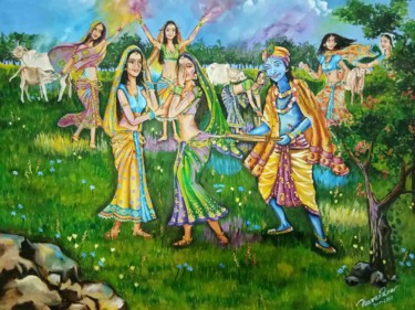 Malerei mit dem Titel "Radha & Krishna pla…" von Herendra Swarup, Original-Kunstwerk, Öl