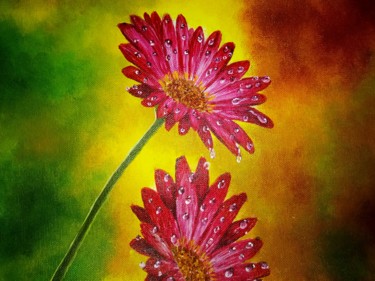 Painting titled "Flowers and Dew (Re…" by Herendra Swarup, Original Artwork, Acrylic