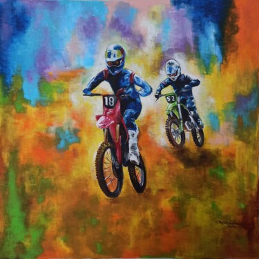 Painting titled "Dirt Biking" by Herendra Swarup, Original Artwork, Acrylic