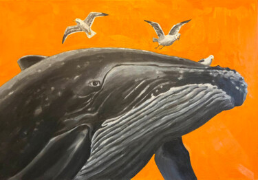 Peinture intitulée "Кит и три чайки" par Herman Danilov, Œuvre d'art originale, Huile