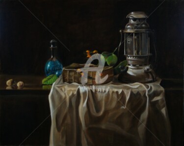 Malerei mit dem Titel "Stillleben Lampe Tu…" von Hermann J. Heiss, Original-Kunstwerk, Öl