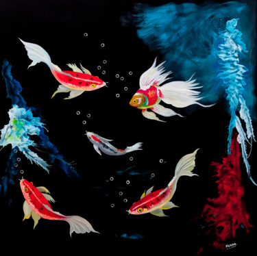 Schilderij getiteld "Vissen" door Herna Deleu, Origineel Kunstwerk, Acryl