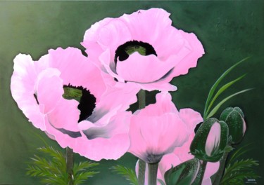 Schilderij getiteld "Roze Klaprozen" door Herna Deleu, Origineel Kunstwerk, Acryl