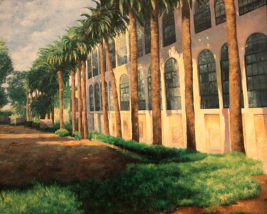 Painting titled "PALMERAS EN LA CASA…" by Hernández Consuelo, Original Artwork, Oil