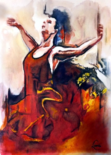 Pittura intitolato "Flamenco" da Hervé Lamb', Opera d'arte originale, Acquarello Montato su Cartone