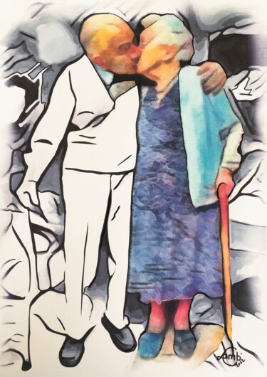 Painting titled "Tendre baiser" by Hervé Lamb', Original Artwork, Watercolor Mounted on Cardboard