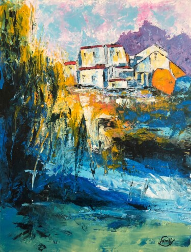 Painting titled "Le village" by Hervé Lamb', Original Artwork, Acrylic Mounted on Wood Stretcher frame