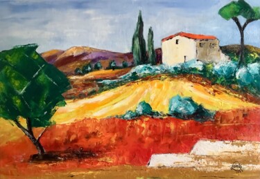 Painting titled "Pays varois" by Hervé Lamb', Original Artwork, Oil Mounted on Wood Stretcher frame