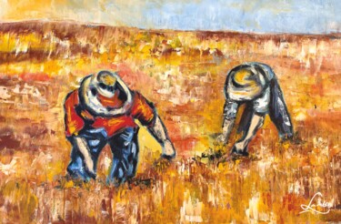 Peinture intitulée "Récolte du blé" par Hervé Lamb', Œuvre d'art originale, Huile Monté sur Châssis en bois