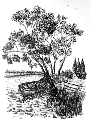 Dibujo titulada "La Barque" por Herve Lefebvre, Obra de arte original, Tinta