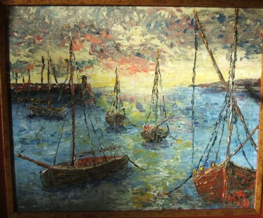 Painting titled "Port breton au crép…" by Hervé Reynard, Original Artwork, Oil Mounted on Cardboard