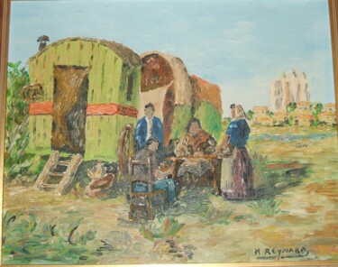 Peinture intitulée "Gitans aux Saintes…" par Hervé Reynard, Œuvre d'art originale, Huile Monté sur Châssis en bois