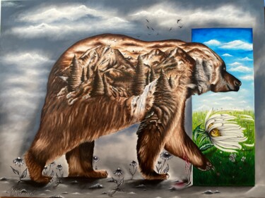 Painting titled "L’ours des Pyrénées" by Herve Ricaud, Original Artwork, Oil Mounted on Wood Stretcher frame