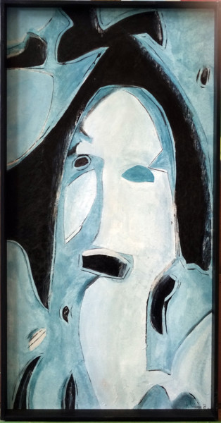 Painting titled "Femme bleu riante" by Hervé Loiseau, Original Artwork, Acrylic Mounted on Wood Panel