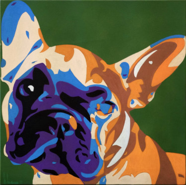 Painting titled "French Bulldog" by Hervé Loiseau, Original Artwork, Acrylic Mounted on Wood Stretcher frame