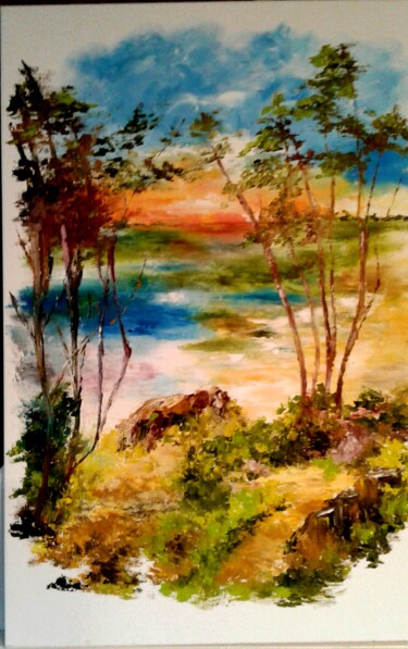 Painting titled "Coucher de soleil s…" by Nelly Hervieu, Original Artwork, Oil Mounted on Wood Panel
