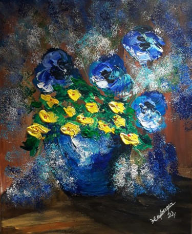 Painting titled "Fleurs bleues" by Céline Liliane Heyberger, Original Artwork, Acrylic