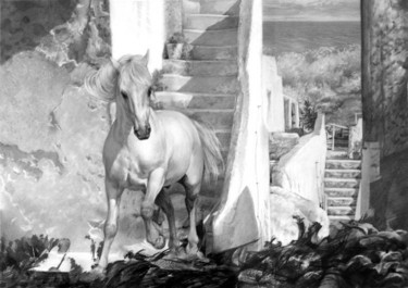 Zeichnungen mit dem Titel "The white horse" von Peter Heydeck, Original-Kunstwerk