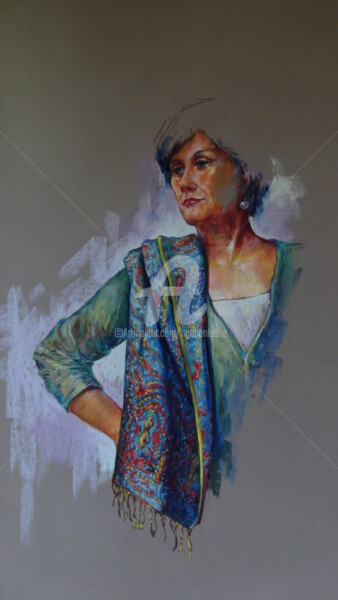 Peinture intitulée "l'écharpe bleue" par Helene Gaben Laurié, Œuvre d'art originale, Autre