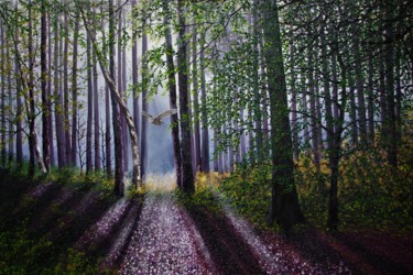 Pittura intitolato "A Shaft Of forest L…" da Hazel Thomson, Opera d'arte originale, Olio
