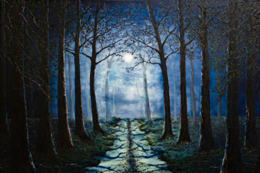 Painting titled "Moonlit Forest Path" by Hazel Thomson, Original Artwork, Oil Mounted on Wood Stretcher frame