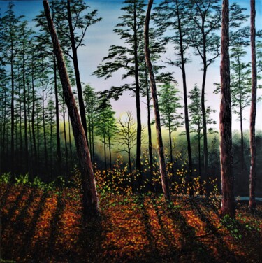 Painting titled "Autumn Sunset in th…" by Hazel Thomson, Original Artwork, Oil Mounted on Wood Stretcher frame