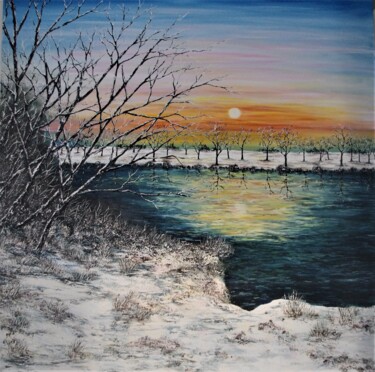 Painting titled "A winter Sunset" by Hazel Thomson, Original Artwork, Oil