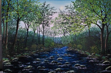 Painting titled "Ysgethin In Spring" by Hazel Thomson, Original Artwork, Oil Mounted on Wood Stretcher frame